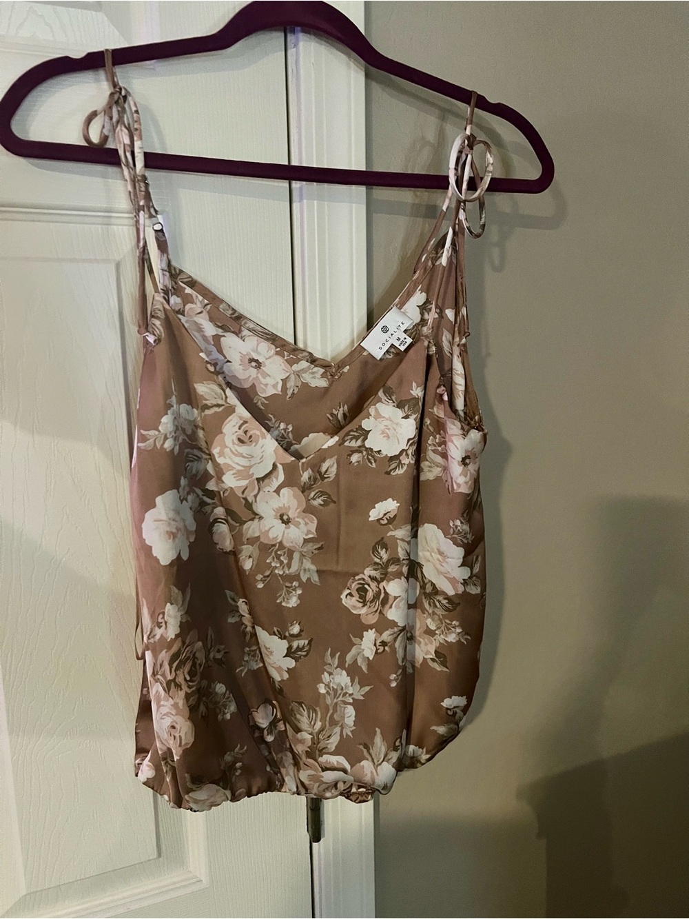 Socialite Floral Tie-Shoulder Cami - Mauve Brown with Cream Flowers